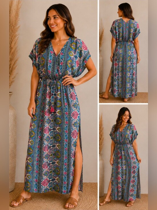 Cienna Dresses & Skirts - Cienna Boho Satin Feel Maxi Dress Size Large NWOT | Side Slit Festival Dress